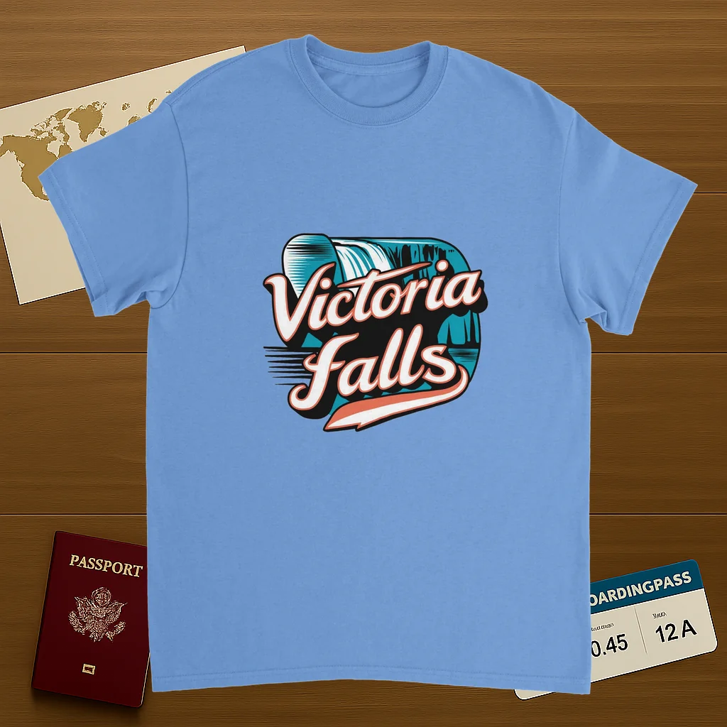carolina blue Victoria Falls Unisex Travel T-Shirt on wooden background with world map, passport, and boarding pass