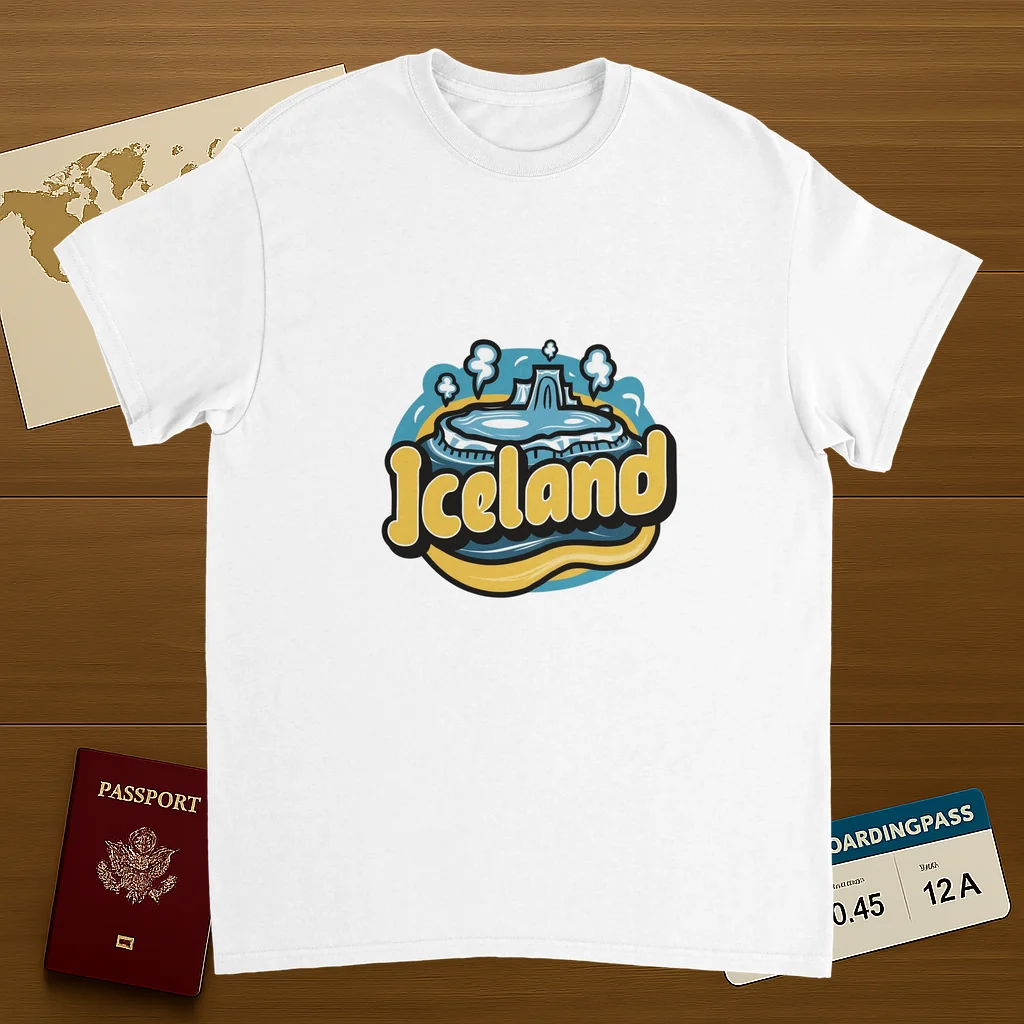 white Iceland Unisex Travel T-Shirt on wooden background with world map, passport, and boarding pass