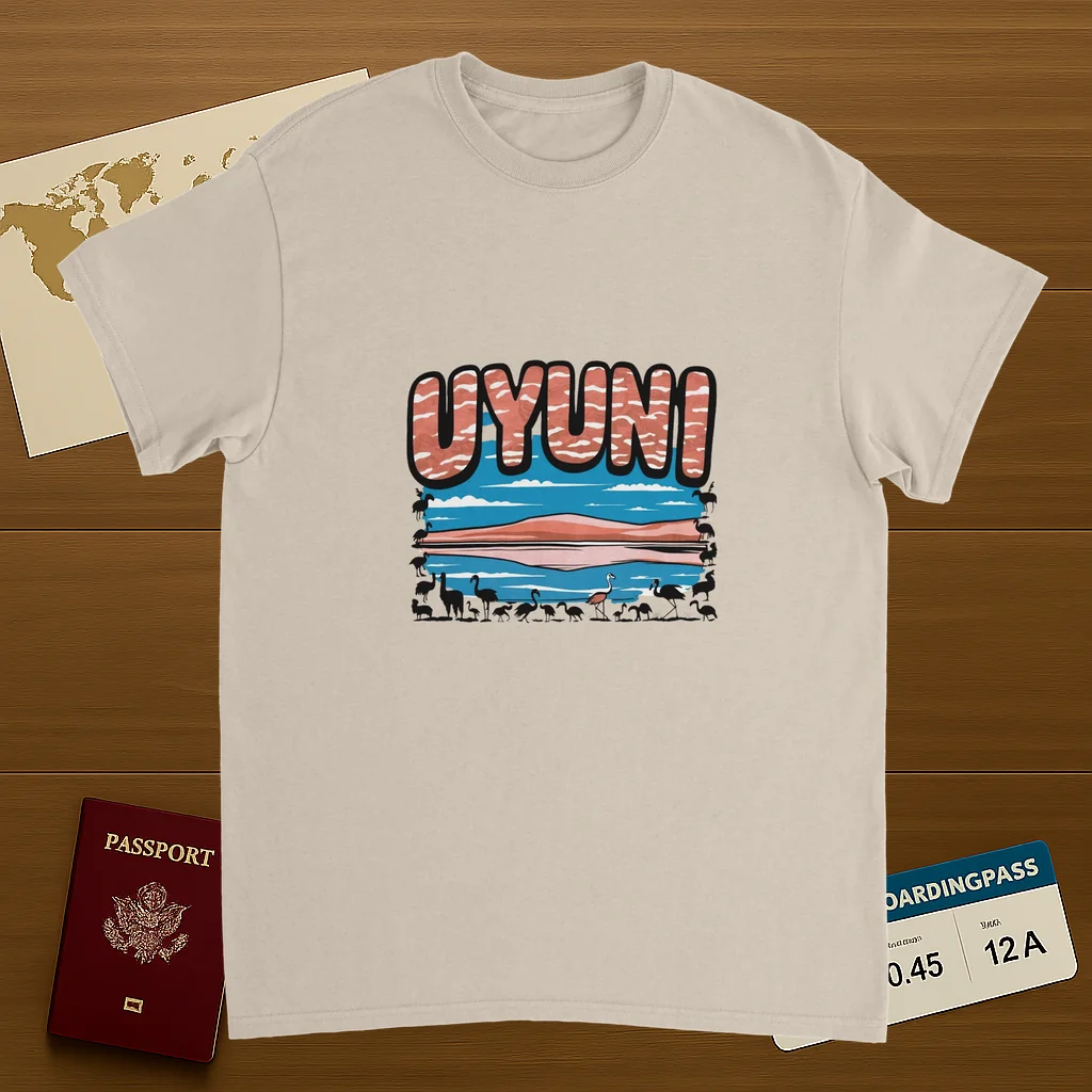 Uyuni Bolivia Unisex Travel T-Shirt on wooden background with world map, passport, and boarding pass