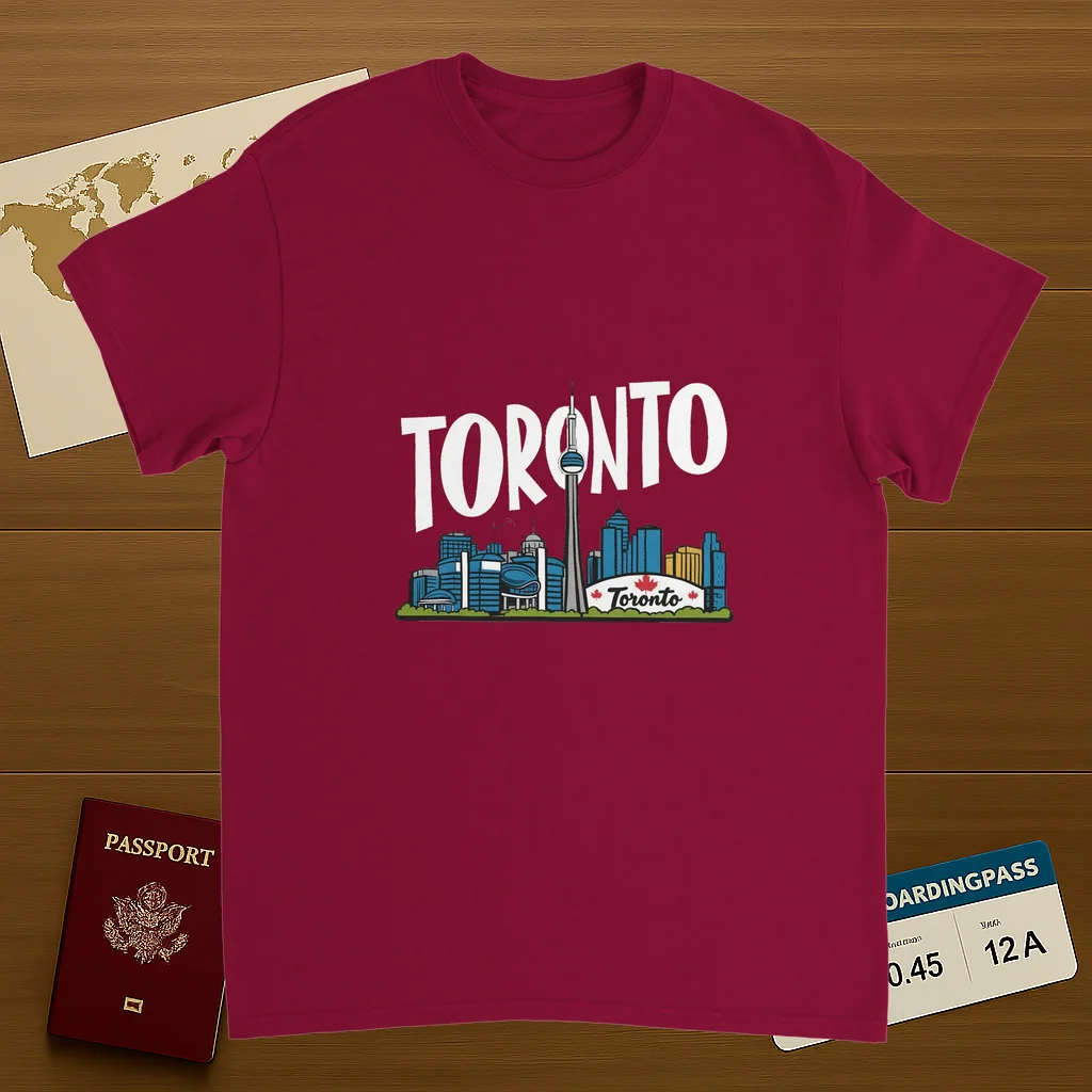 cardinal red Toronto Canada Unisex Travel T-Shirt on wooden background with world map, passport, and boarding pass