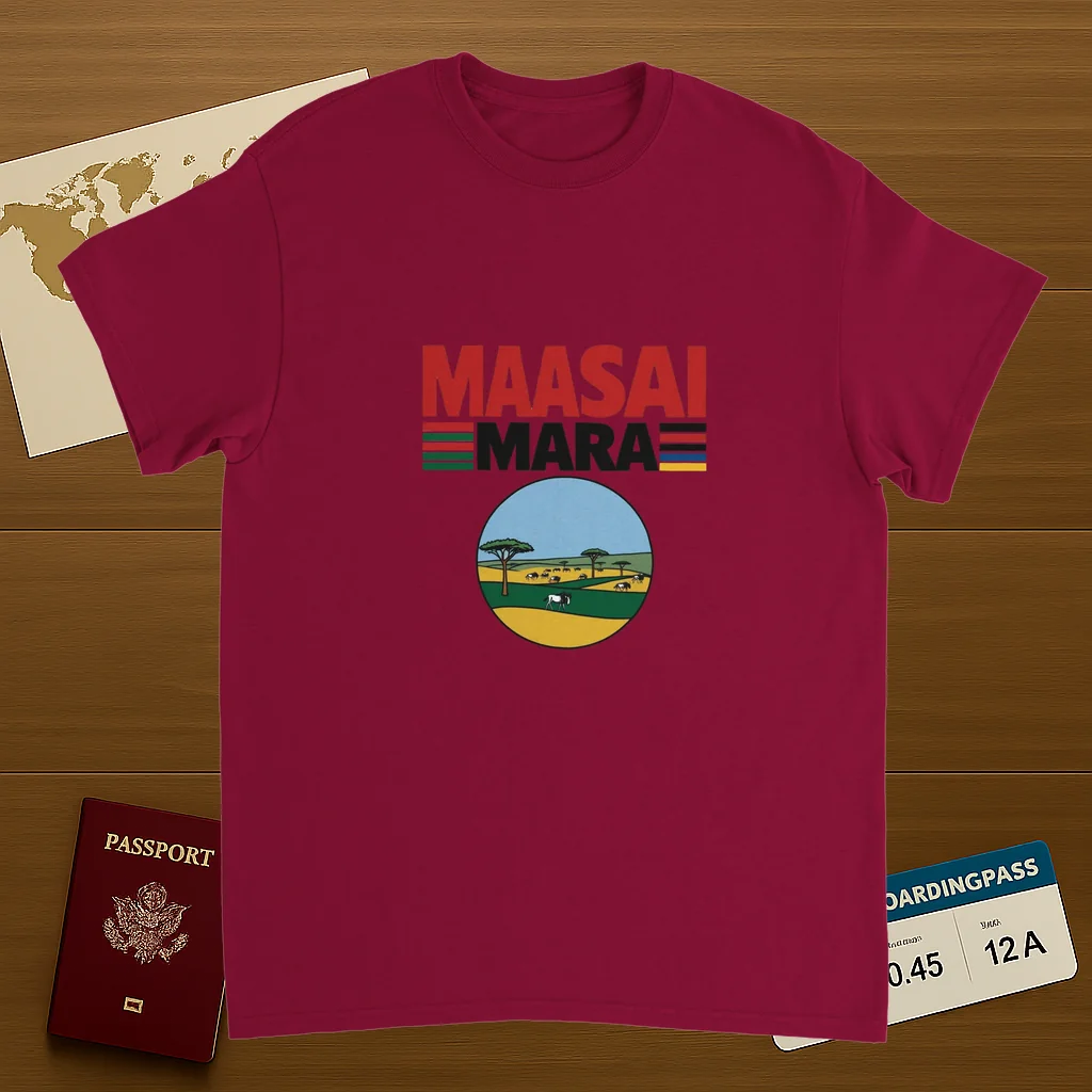 cardinal red Maasai Mara Unisex Travel T-Shirt on wooden background with world map, passport, and boarding pass