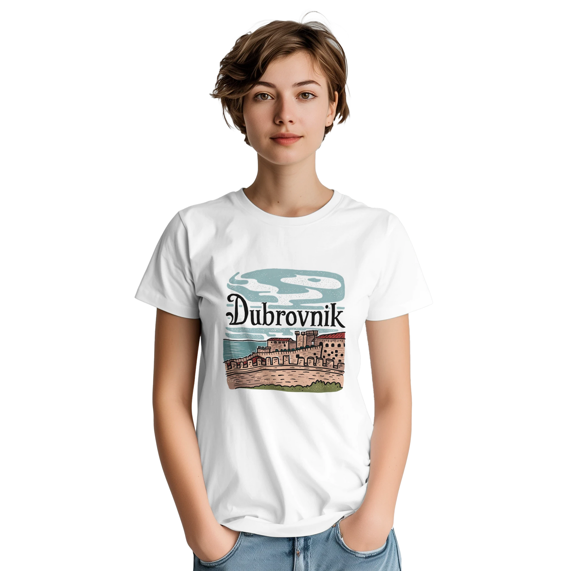 Dubrovnik Croatia Unisex Travel T-Shirt on wooden background with world map, passport, and boarding pass