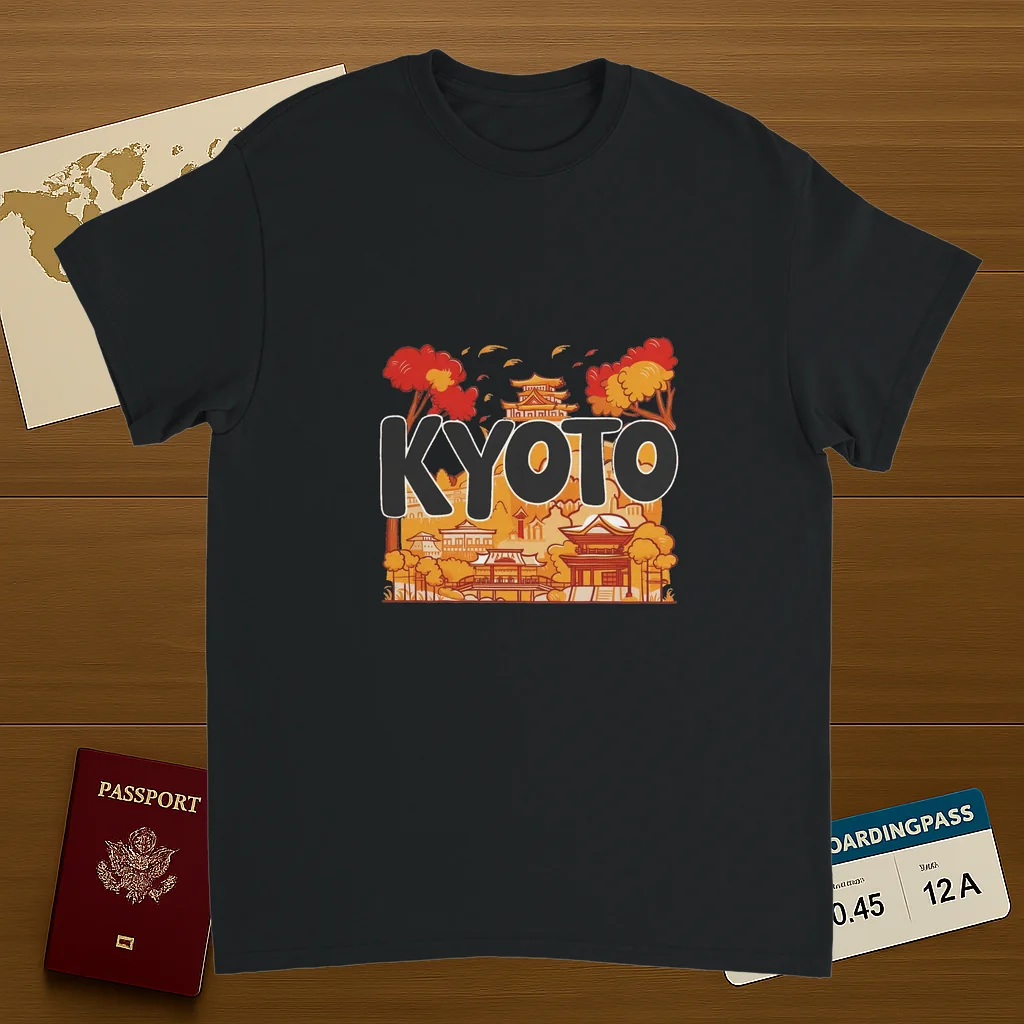 black Kyoto Japan Unisex Travel T-Shirt on wooden background with world map, passport, and boarding pass
