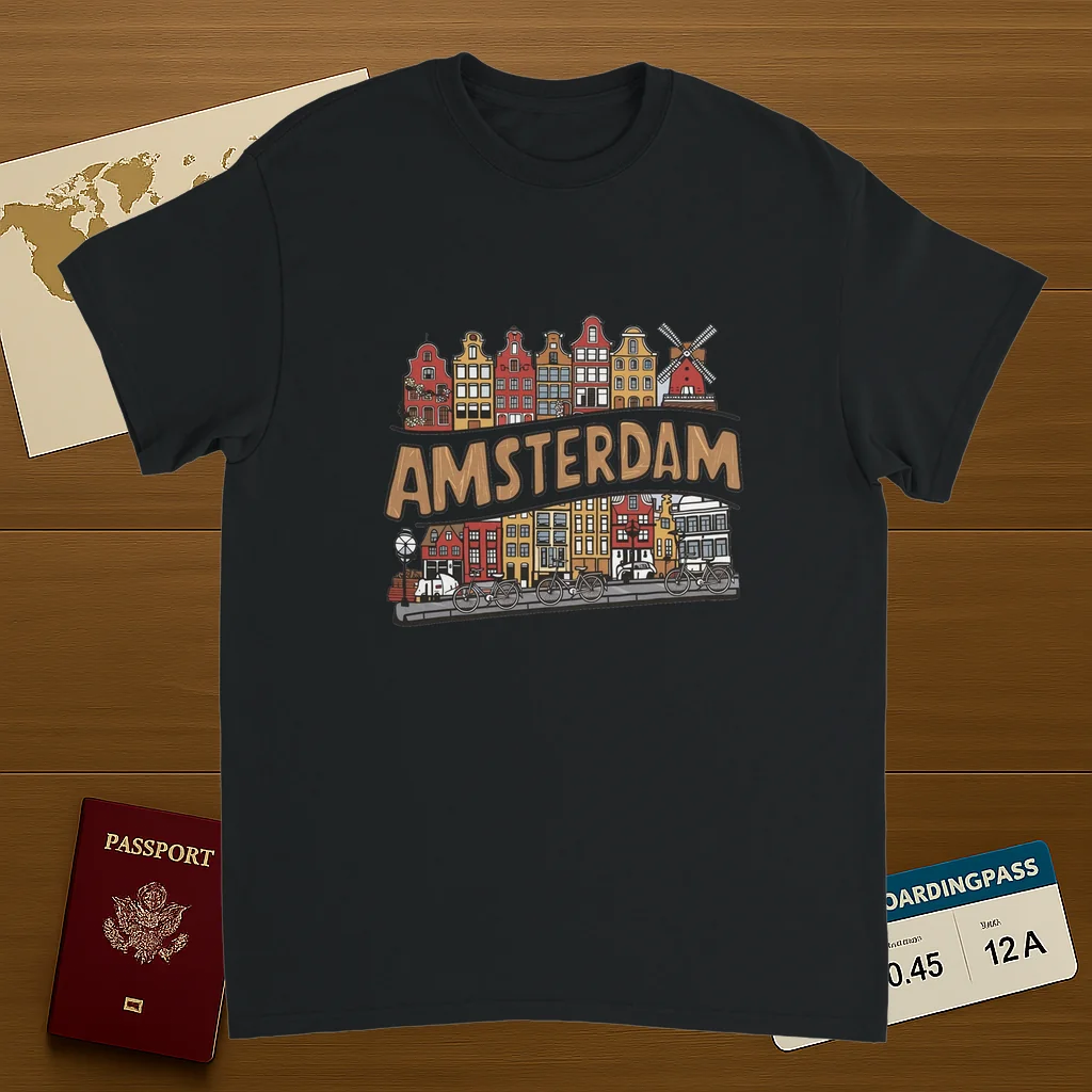 black Amsterdam Netherlands Unisex Travel T-Shirt on wooden background with world map, passport, and boarding pass