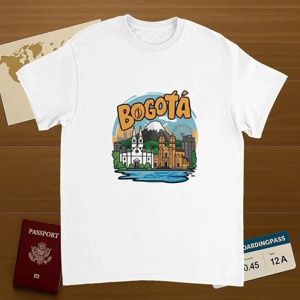 white Bogotá Colombia Unisex Travel T-Shirt on wooden background with world map, passport, and boarding pass