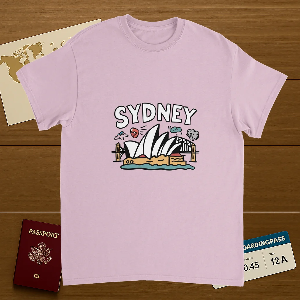 light pink Sydney Australia Unisex Travel T-Shirt on wooden background with world map, passport, and boarding pass