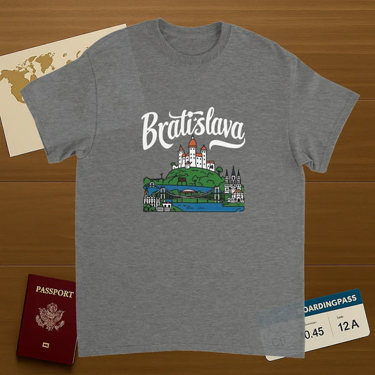sport grey Bratislava Slovakia Unisex Travel T-Shirt on wooden background with world map, passport, and boarding pass
