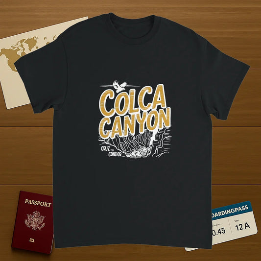 black Colca Canyon Peru Unisex Travel T-Shirt on wooden background with world map, passport, and boarding pass