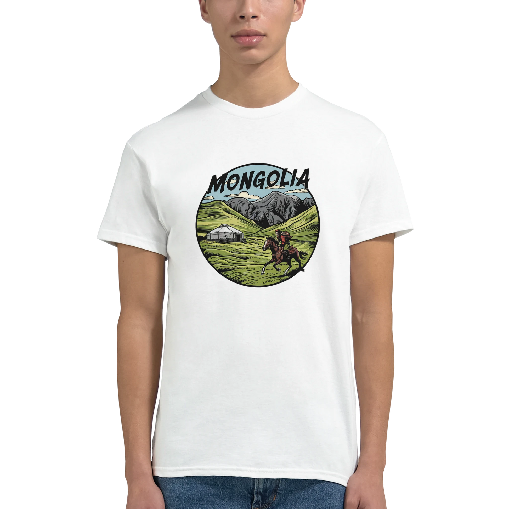 Mongolia Unisex Travel T-Shirt featuring a man