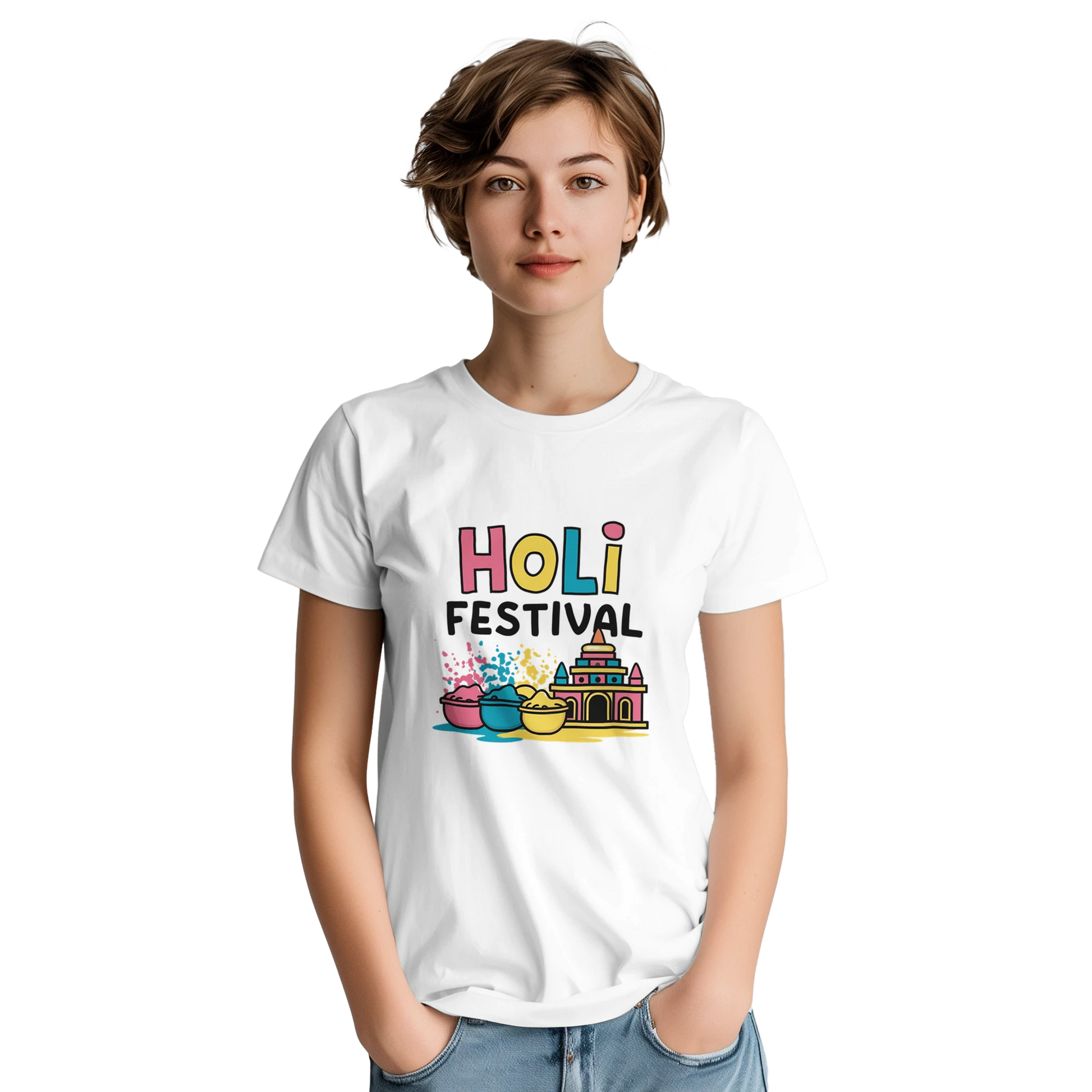 Holi Festival Mathura India Unisex Travel T-Shirt on wooden background with world map, passport, and boarding pass