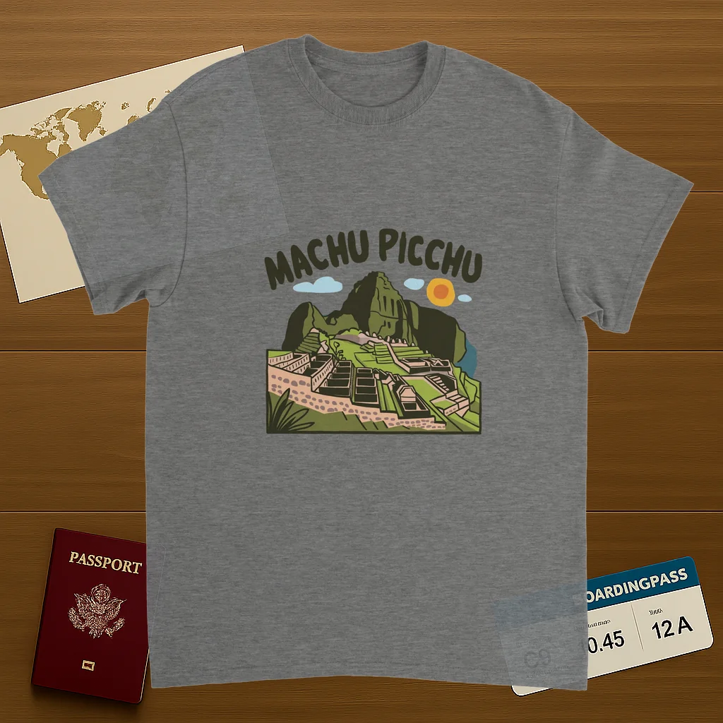 sport grey Machu Picchu Unisex Travel T-Shirt on wooden background with world map, passport, and boarding pass