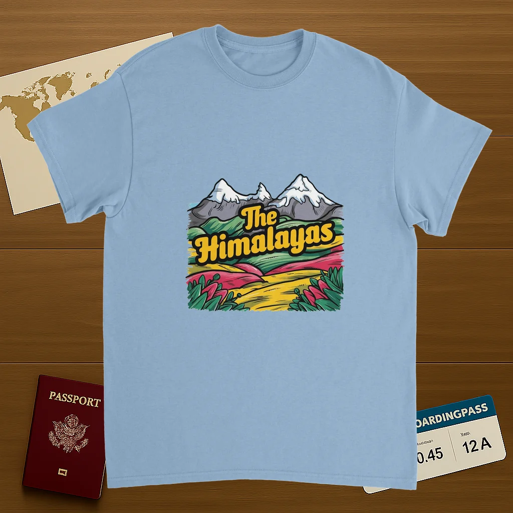 light blue Himalayas Unisex Travel T-Shirt on wooden background with world map, passport, and boarding pass