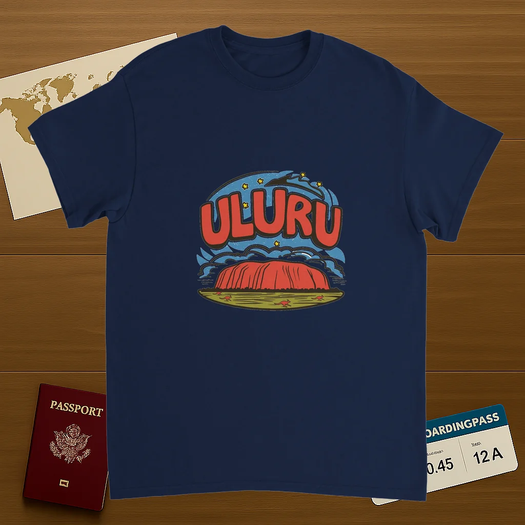 navy Uluru Australia Unisex Travel T-Shirt on wooden background with world map, passport, and boarding pass