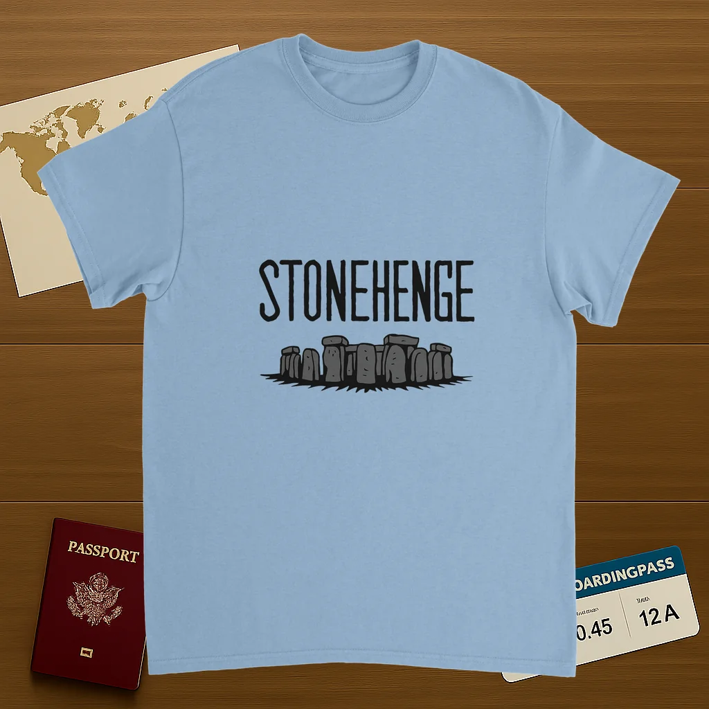 light blue Stonehenge England Unisex Travel T-Shirt on wooden background with world map, passport, and boarding pass