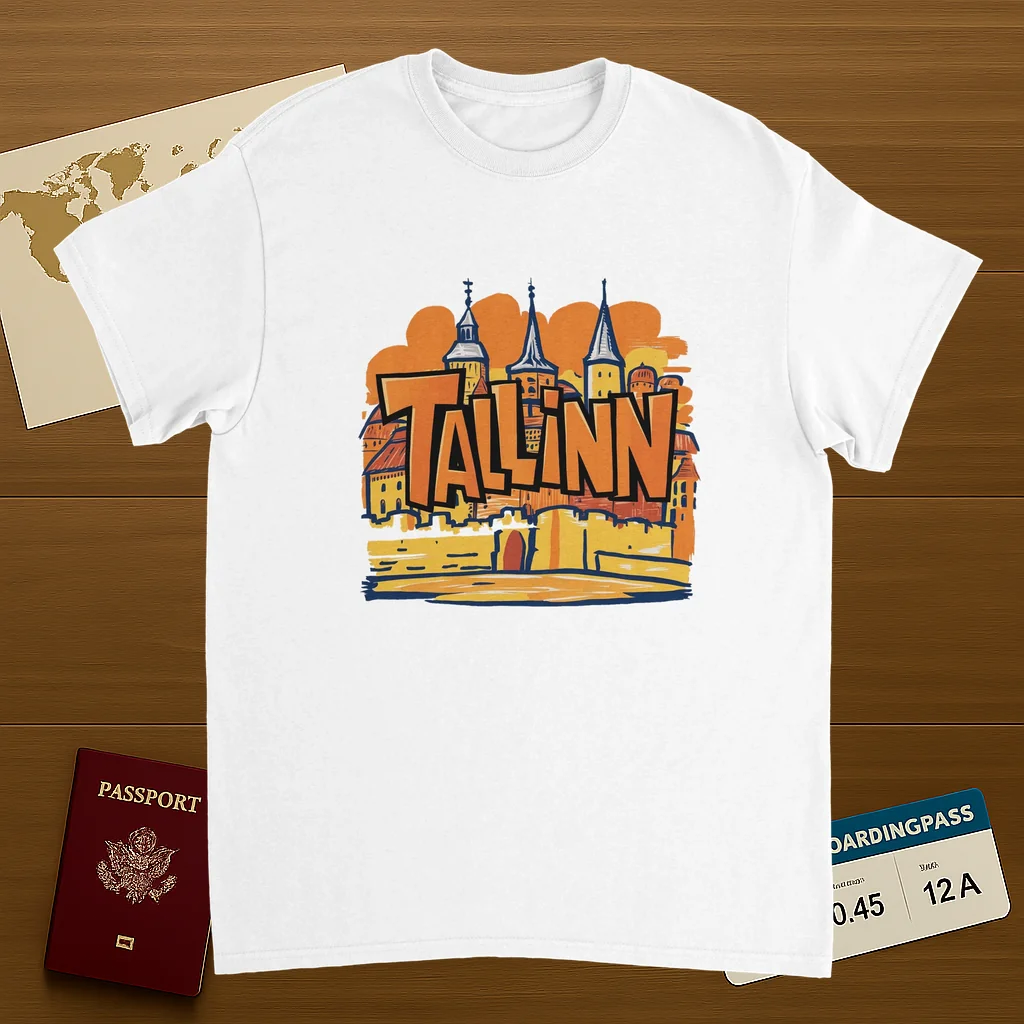 white Tallinn Estonia Unisex Travel T-Shirt on wooden background with world map, passport, and boarding pass