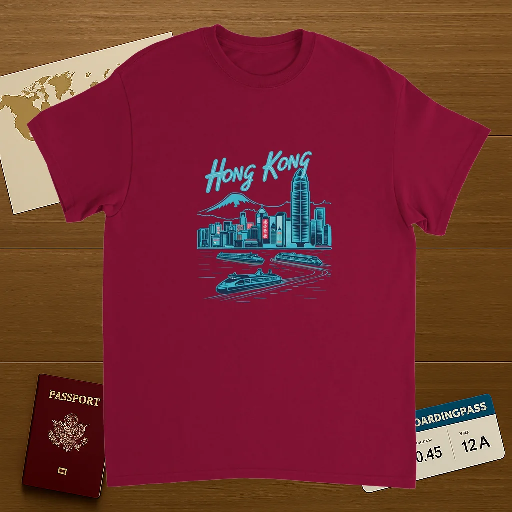 cardinal red Hong Kong Unisex Travel T-Shirt on wooden background with world map, passport, and boarding pass