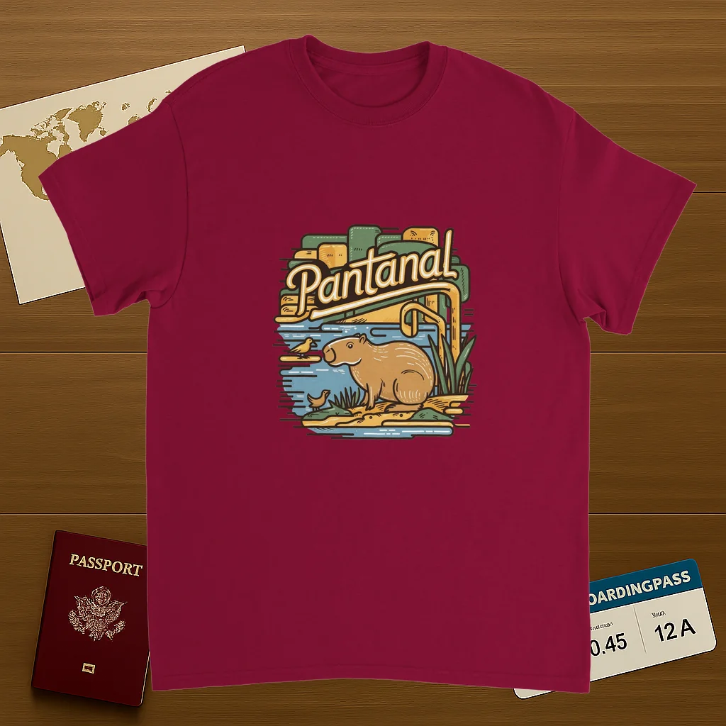 cardinal red Pantanal Brazil Unisex Travel T-Shirt on wooden background with world map, passport, and boarding pass