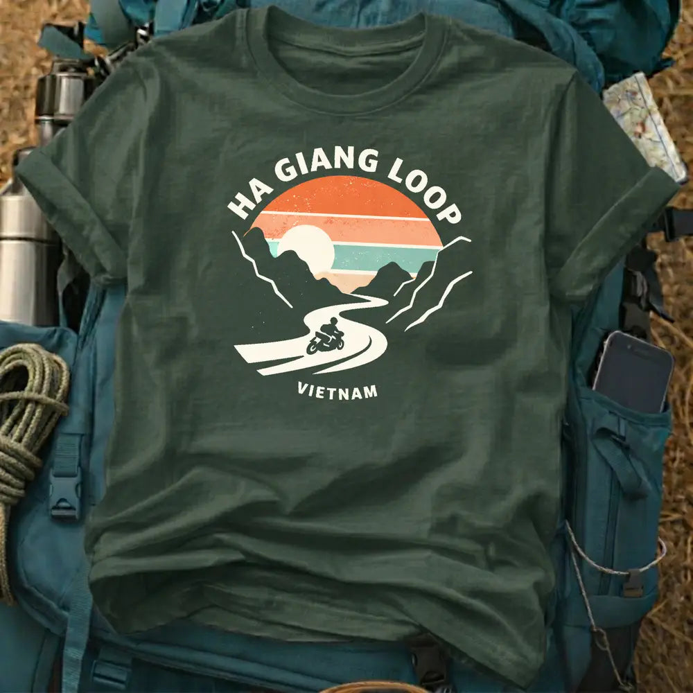 Vintage Ha Giang Loop Vietnam Motorcycle T-Shirt – Retro Sunset Adventure Tee