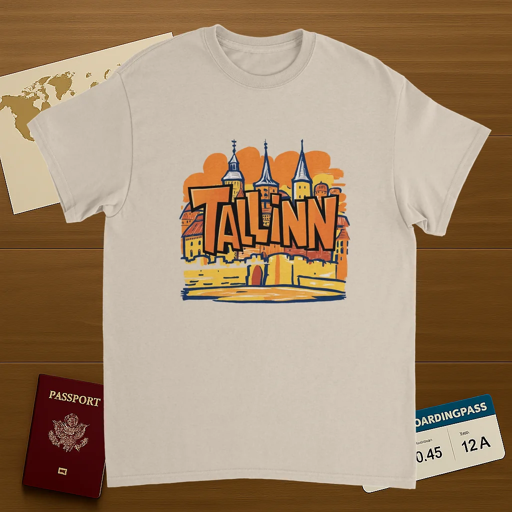 Tallinn Estonia Unisex Travel T-Shirt on wooden background with world map, passport, and boarding pass