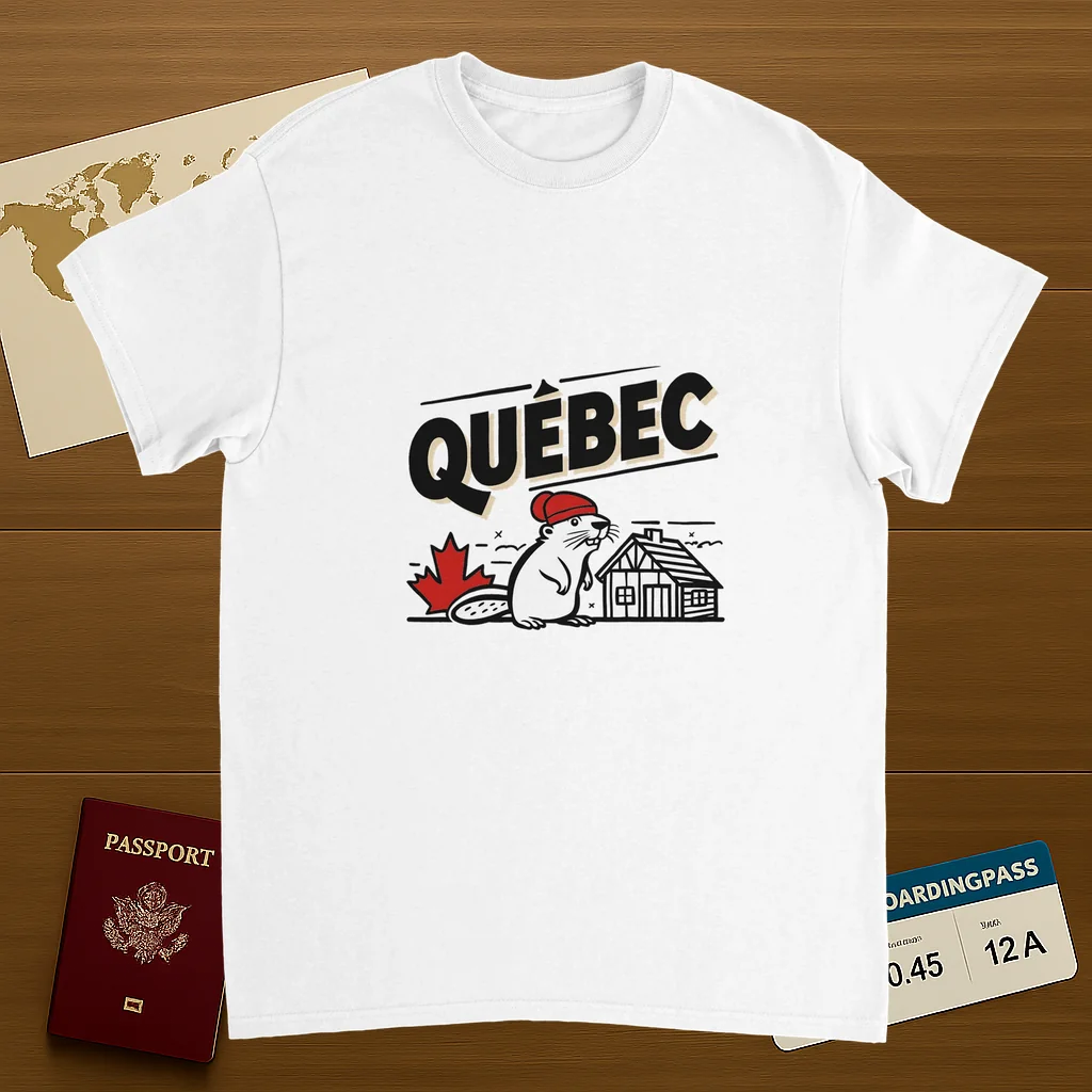 white Quebec Canada Unisex Travel T-Shirt on wooden background with world map, passport, and boarding pass