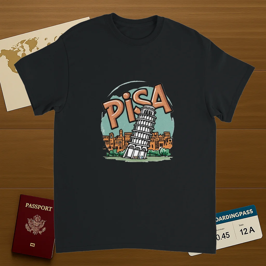 black Pisa Italy Unisex Travel T-Shirt on wooden background with world map, passport, and boarding pass