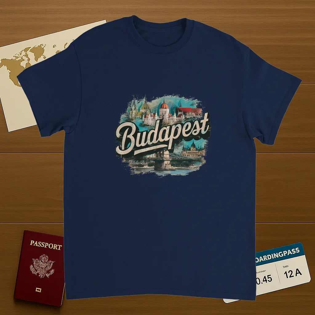 navy Budapest Hungary Unisex Travel T-Shirt on wooden background with world map, passport, and boarding pass