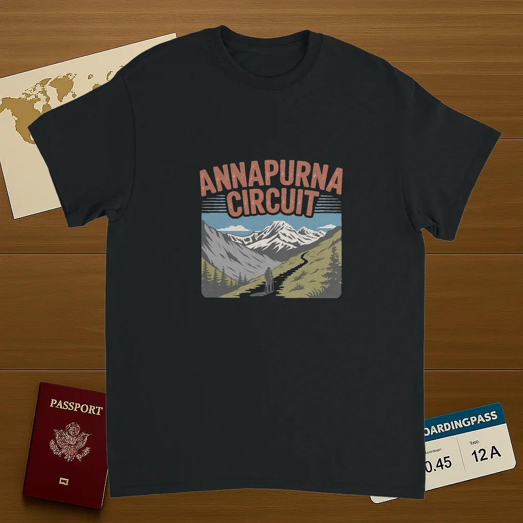 black Annapurna Circuit Nepal Unisex Travel T-Shirt on wooden background with world map, passport, and boarding pass