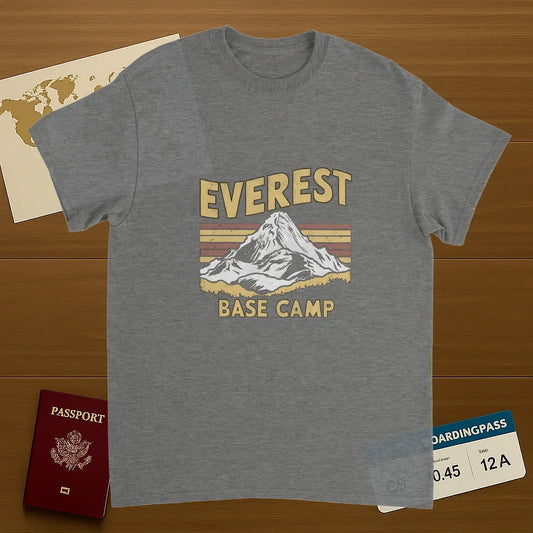 sport grey Everest Base Camp Nepal Unisex Travel T-Shirt on wooden background with world map, passport, and boarding pass