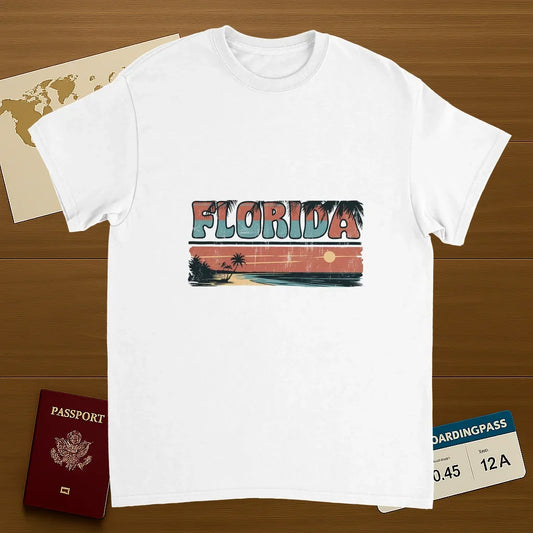 white Florida USA Unisex Travel T-Shirt on wooden background with world map, passport, and boarding pass