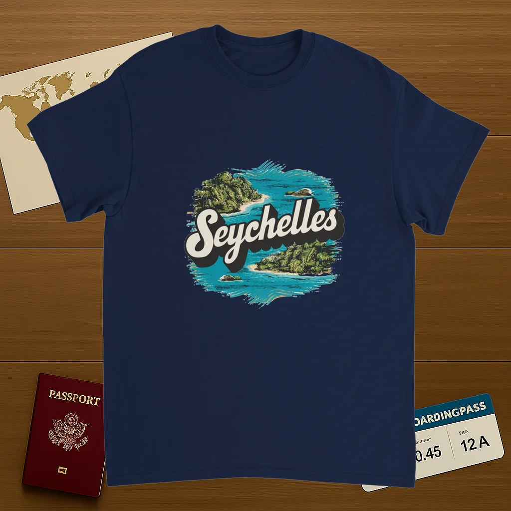 navy Seychelles Unisex Travel T-Shirt on wooden background with world map, passport, and boarding pass