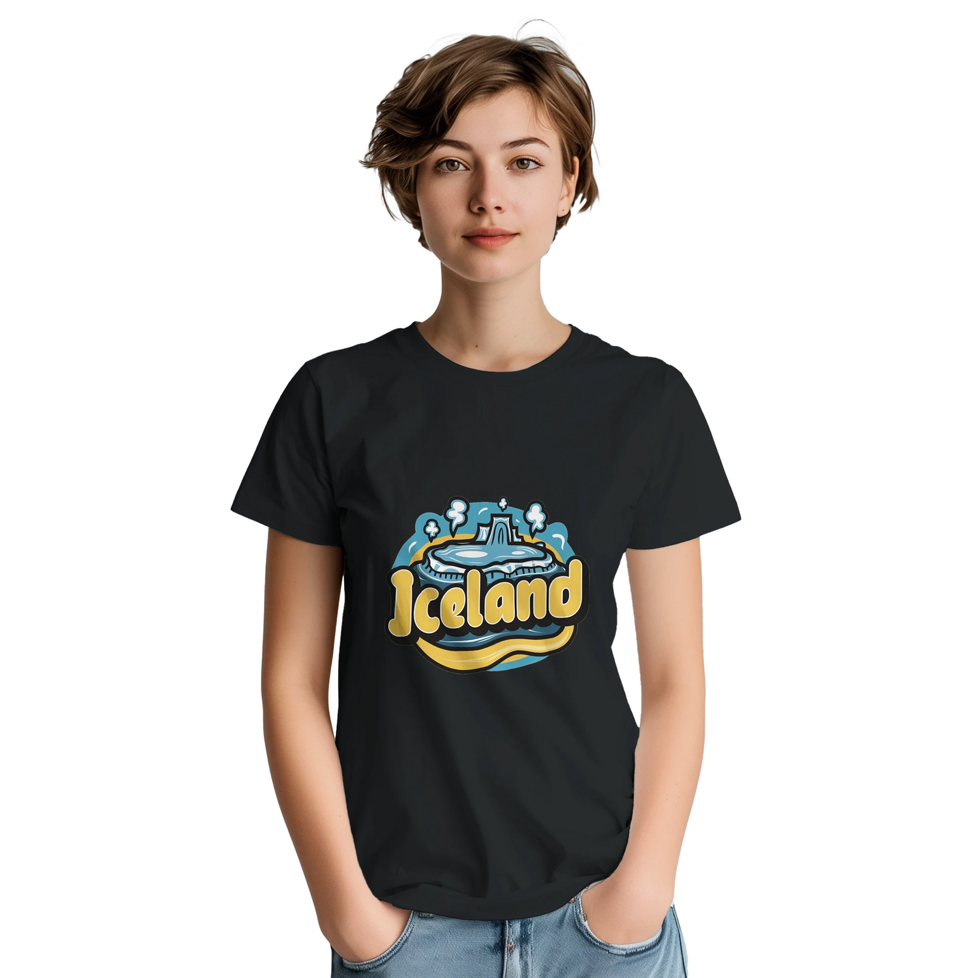 Iceland Unisex Travel T-Shirt on wooden background with world map, passport, and boarding pass