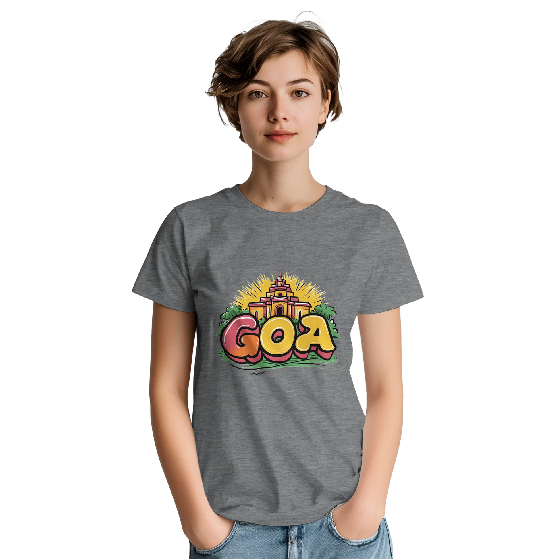 Goa India Unisex Travel T-Shirt on wooden background with world map, passport, and boarding pass