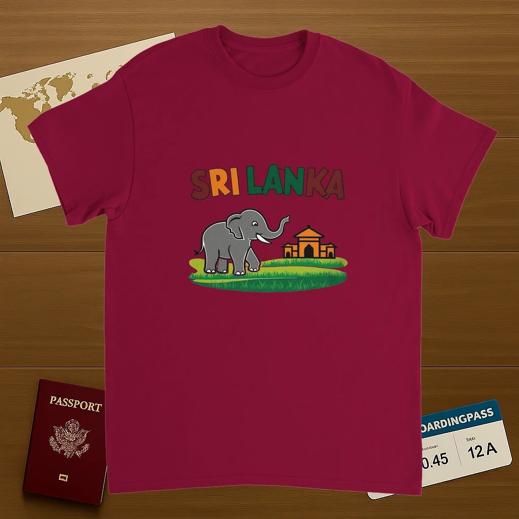 cardinal red Sri Lanka Unisex Travel T-Shirt on wooden background with world map, passport, and boarding pass