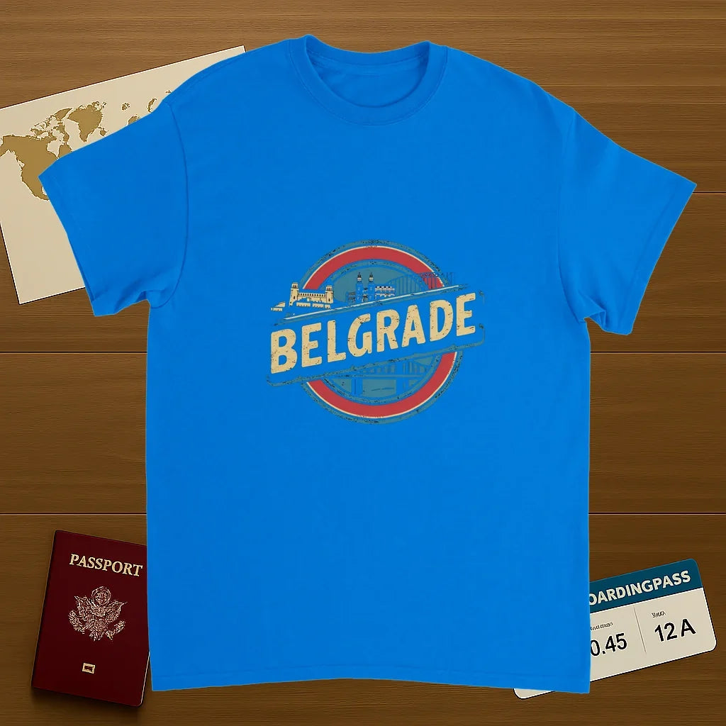 royal blue Belgrade Serbia Unisex Travel T-Shirt on wooden background with world map, passport, and boarding pass
