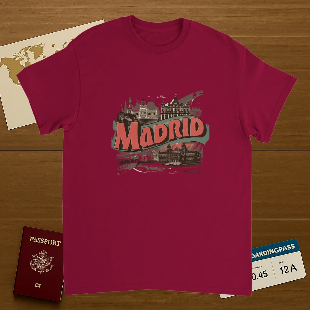 cardinal red Madrid Spain Unisex Travel T-Shirt on wooden background with world map, passport, and boarding pass