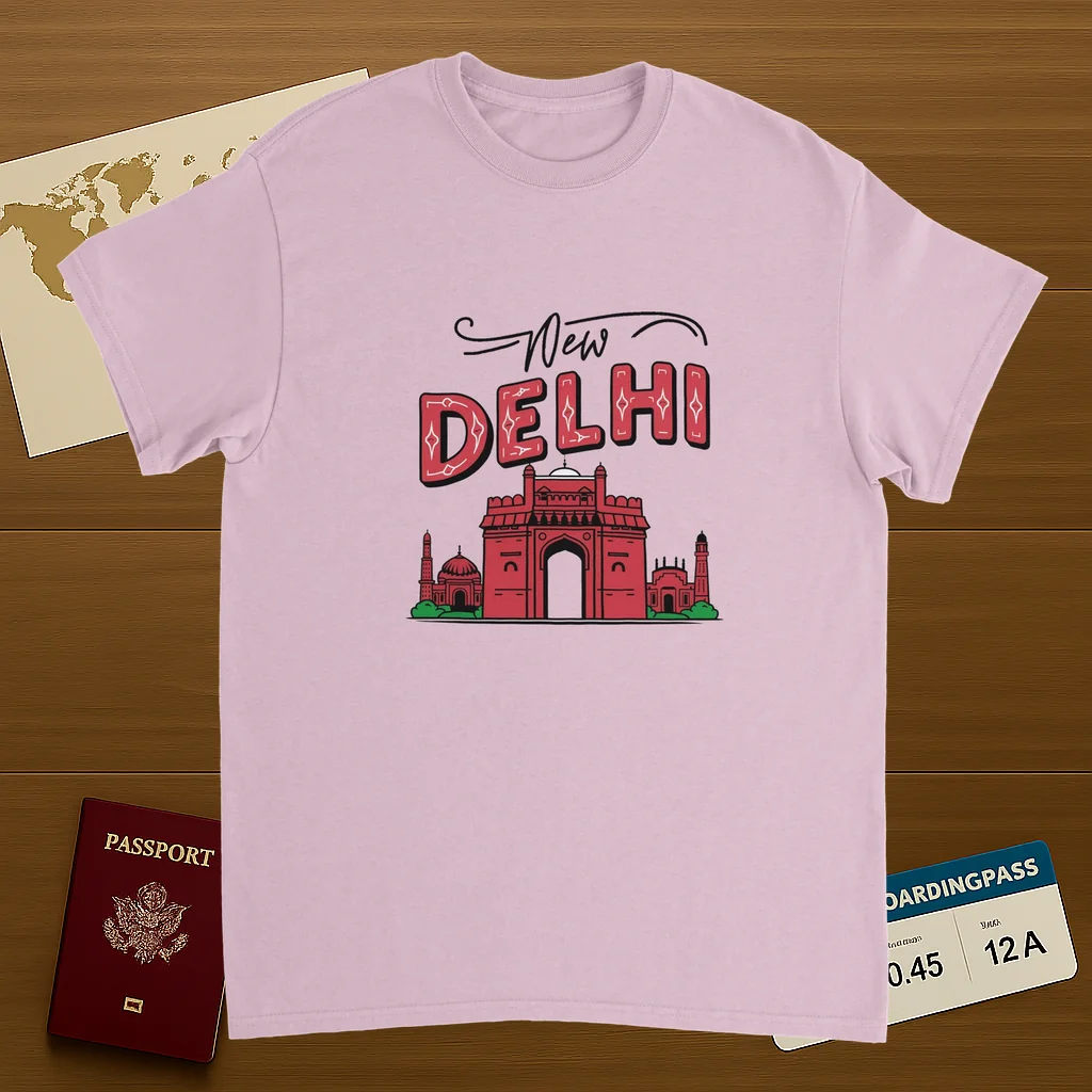 light pink New Delhi India Unisex Travel T-Shirt on wooden background with world map, passport, and boarding pass