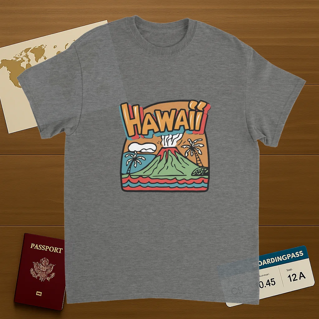sport grey Hawaii Unisex Travel T-Shirt on wooden background with world map, passport, and boarding pass