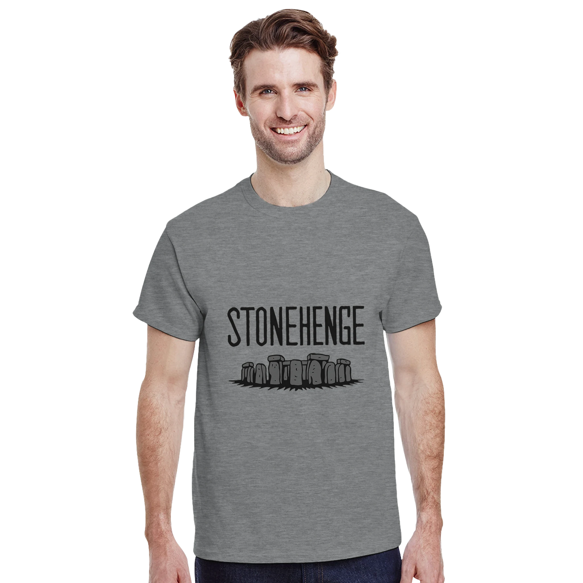 Stonehenge England Unisex Travel T-Shirt on wooden background with world map, passport, and boarding pass