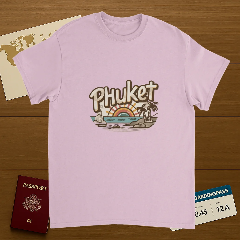 light pink Phuket Thailand Unisex Travel T-Shirt on wooden background with world map, passport, and boarding pass