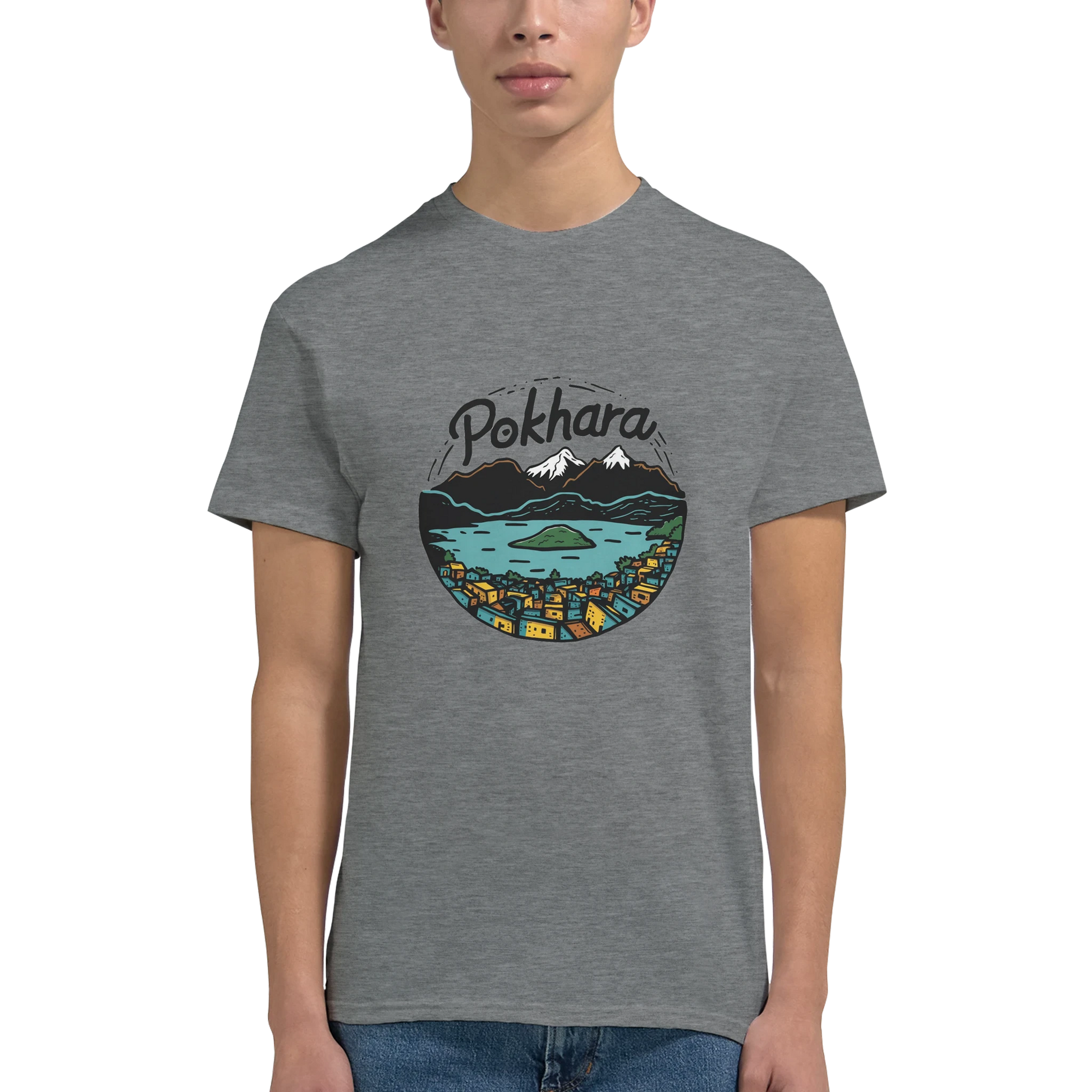Pokhara Nepal Unisex Travel T-Shirt featuring a man
