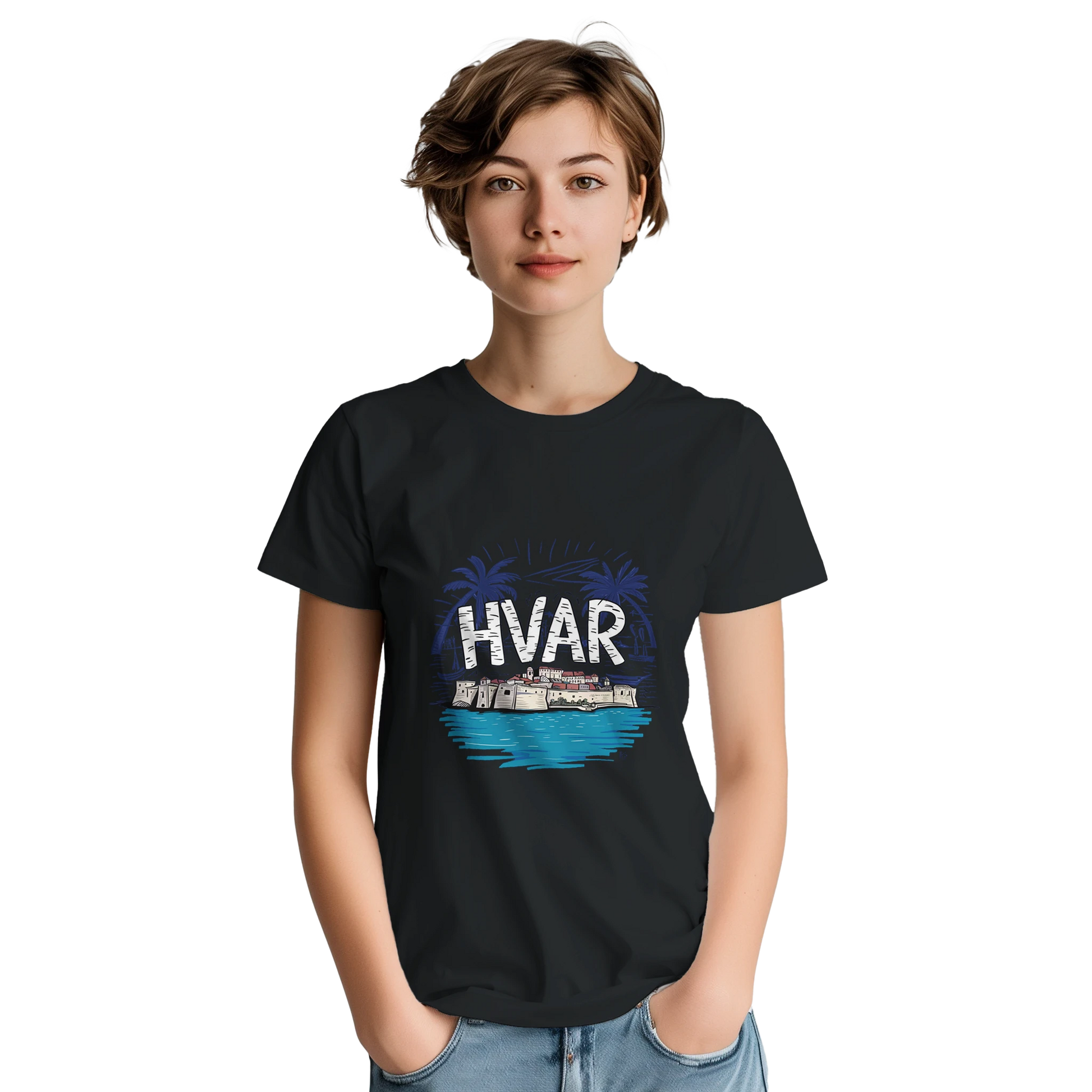 Hvar Croatia Unisex Travel T-Shirt featuring a person