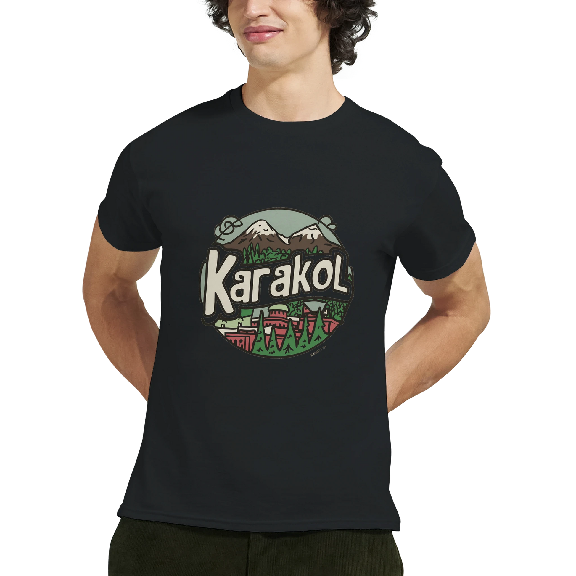Karakol Kyrgyzstan Unisex Travel T-Shirt featuring a man