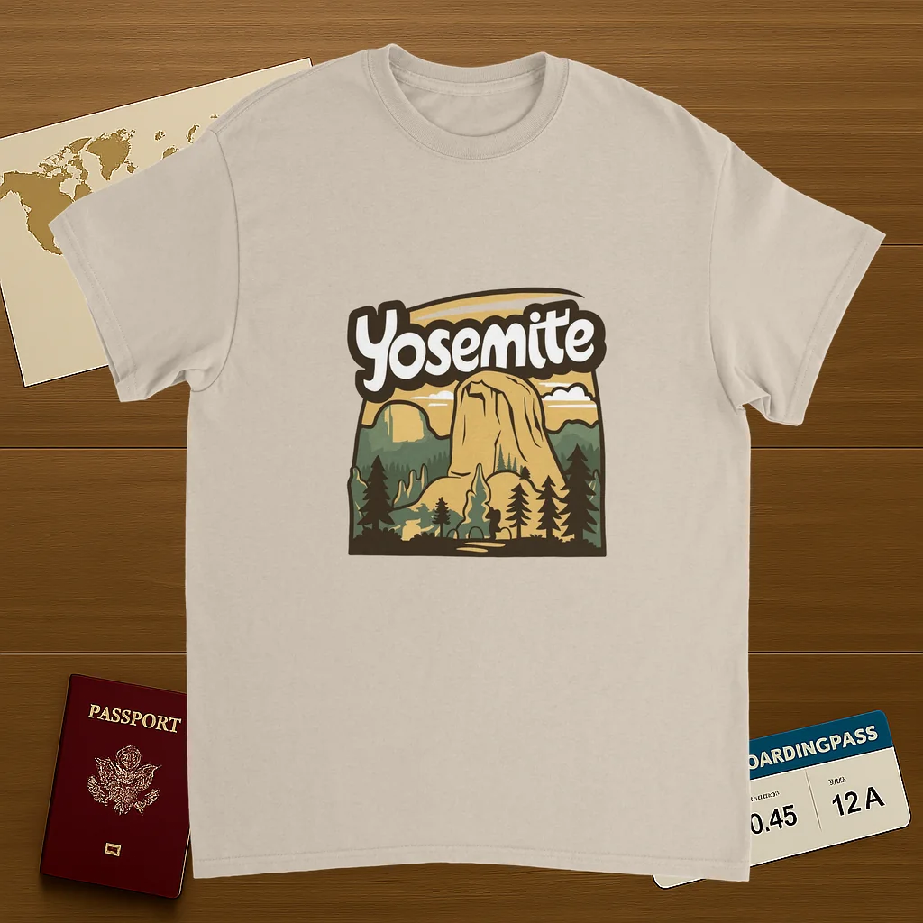 Yosemite USA Unisex Travel T-Shirt on wooden background with world map, passport, and boarding pass