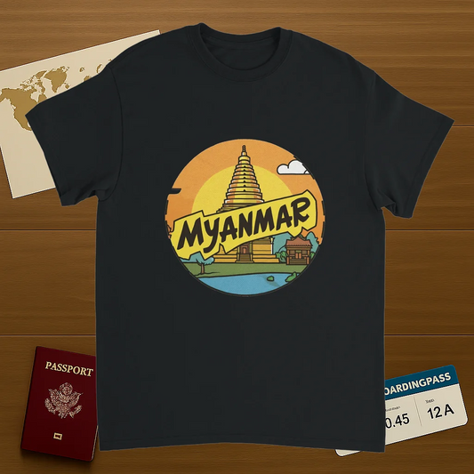 black Myanmar Unisex Travel T-Shirt on wooden background with world map, passport, and boarding pass