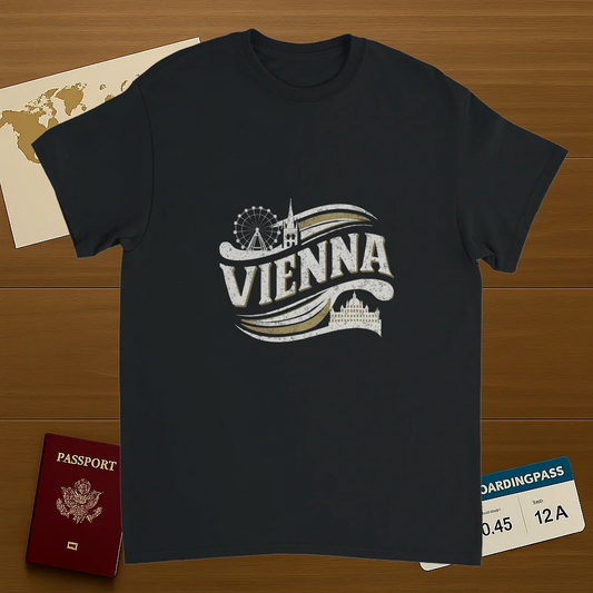 black Vienna Austria Unisex Travel T-Shirt on wooden background with world map, passport, and boarding pass