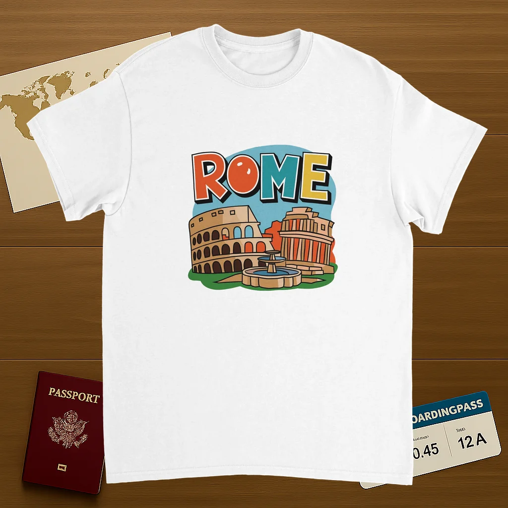 white Rome Italy Unisex Travel T-Shirt on wooden background with world map, passport, and boarding pass