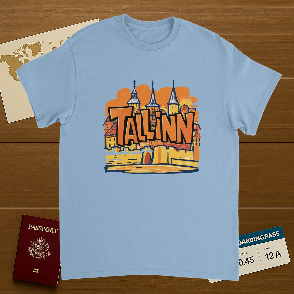 light blue Tallinn Estonia Unisex Travel T-Shirt on wooden background with world map, passport, and boarding pass