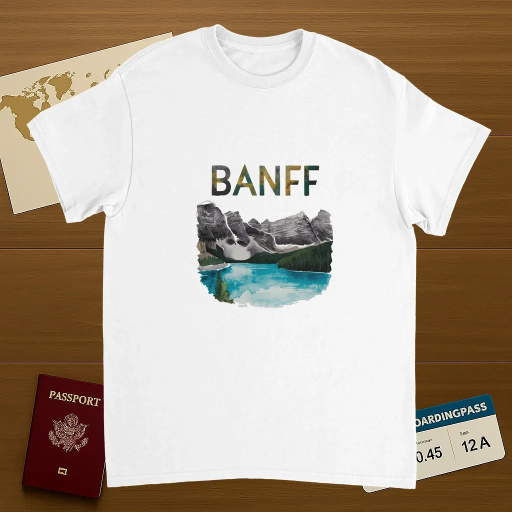 white Banff Canada Unisex Travel T-Shirt on wooden background with world map, passport, and boarding pass