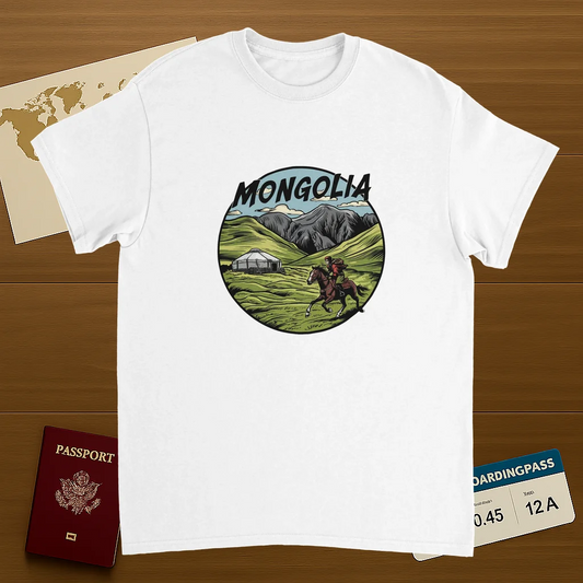 white Mongolia Unisex Travel T-Shirt on wooden background with world map, passport, and boarding pass