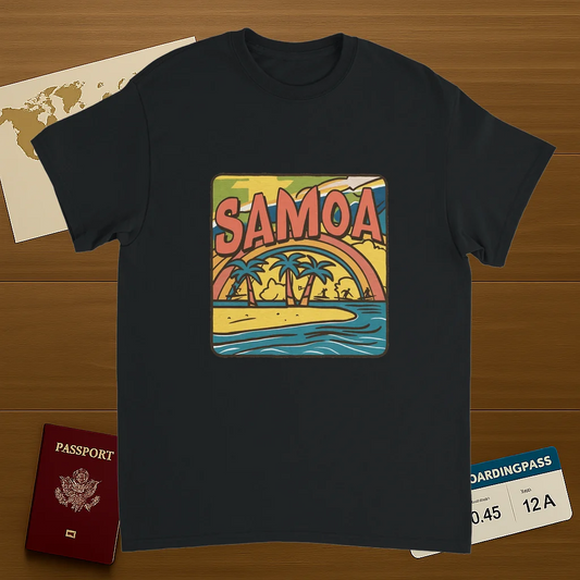 black Samoa Unisex Travel T-Shirt on wooden background with world map, passport, and boarding pass